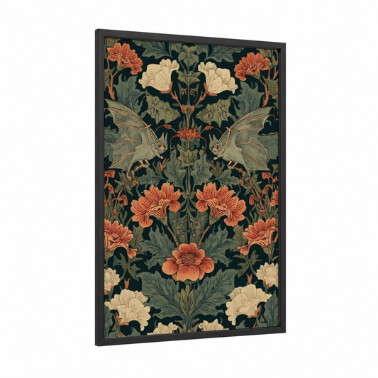 Ornate Bat Symmetry framed art print — black wood frame — dark green and orange palette