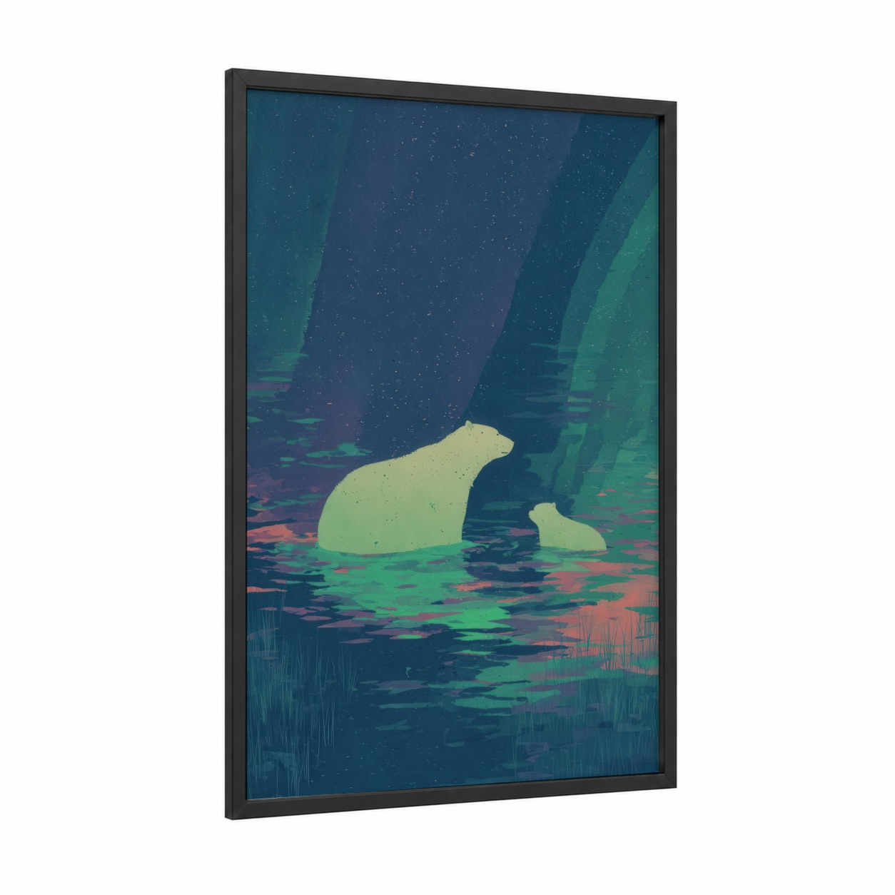 Aurora Swimmers framed swimming print — black wood frame — teal and blue palette