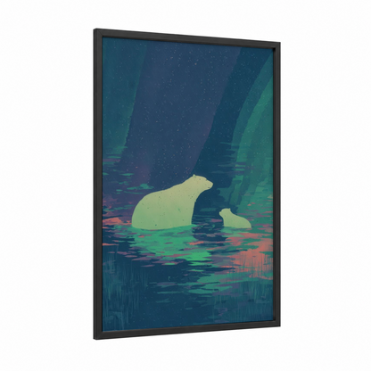 Aurora Swimmers framed swimming print — black wood frame — teal and blue palette