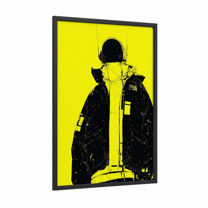 Neon Explorer framed fashion illustration print — black wood frame — yellow and black palette