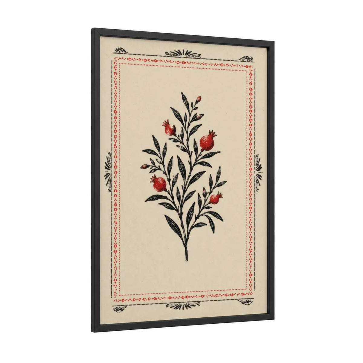 Pomegranate Botanical Illustration Wall Art framed floral and botanical print — black wood frame — red and beige palette
