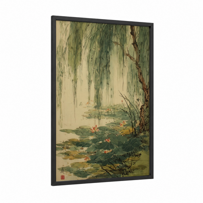 Willow Lotus framed art print — black wood frame — light green and cream palette