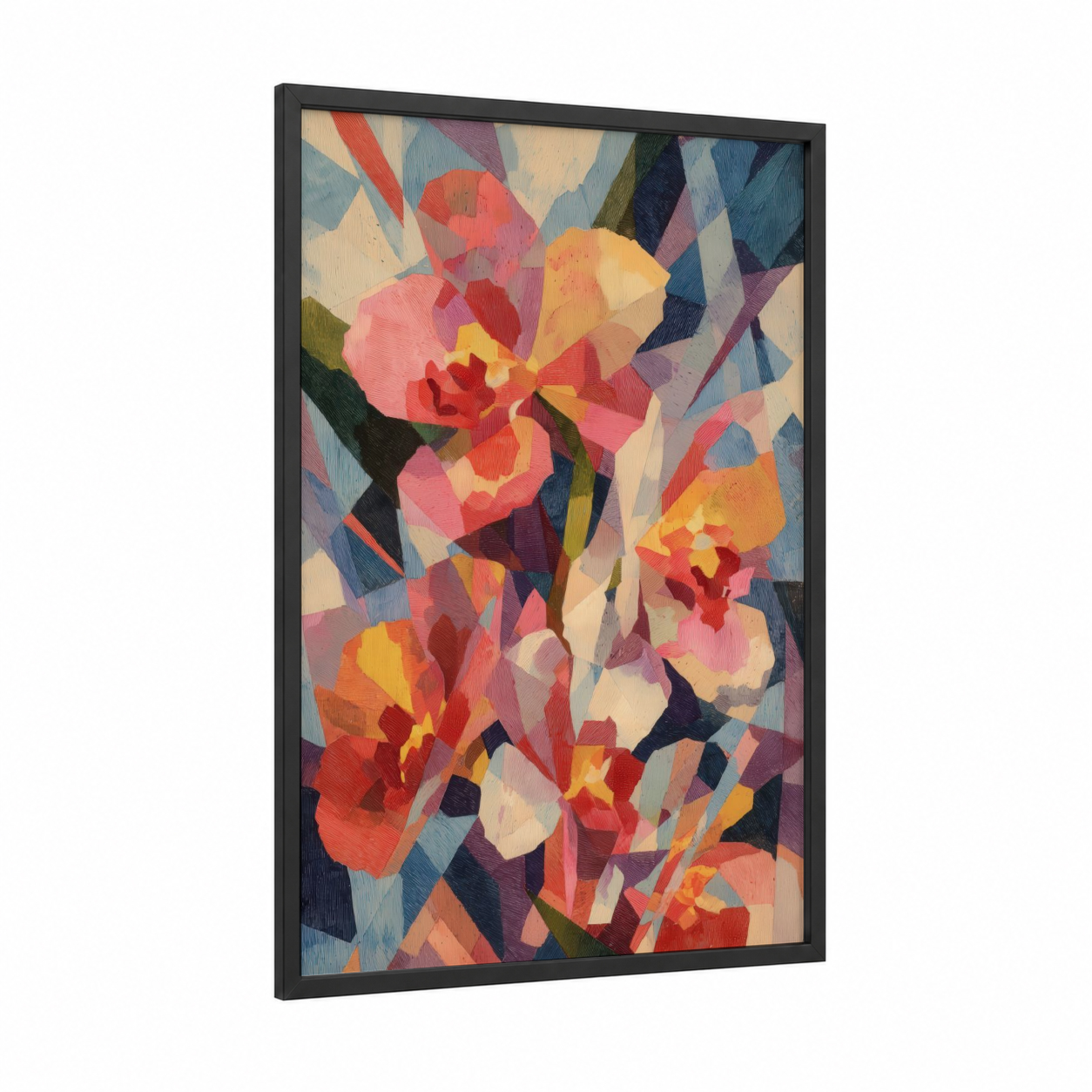 Cubist Orchid Bloom framed art print — black wood frame — red and gold palette