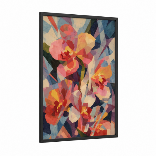 Cubist Orchid Bloom framed art print — black wood frame — red and gold palette