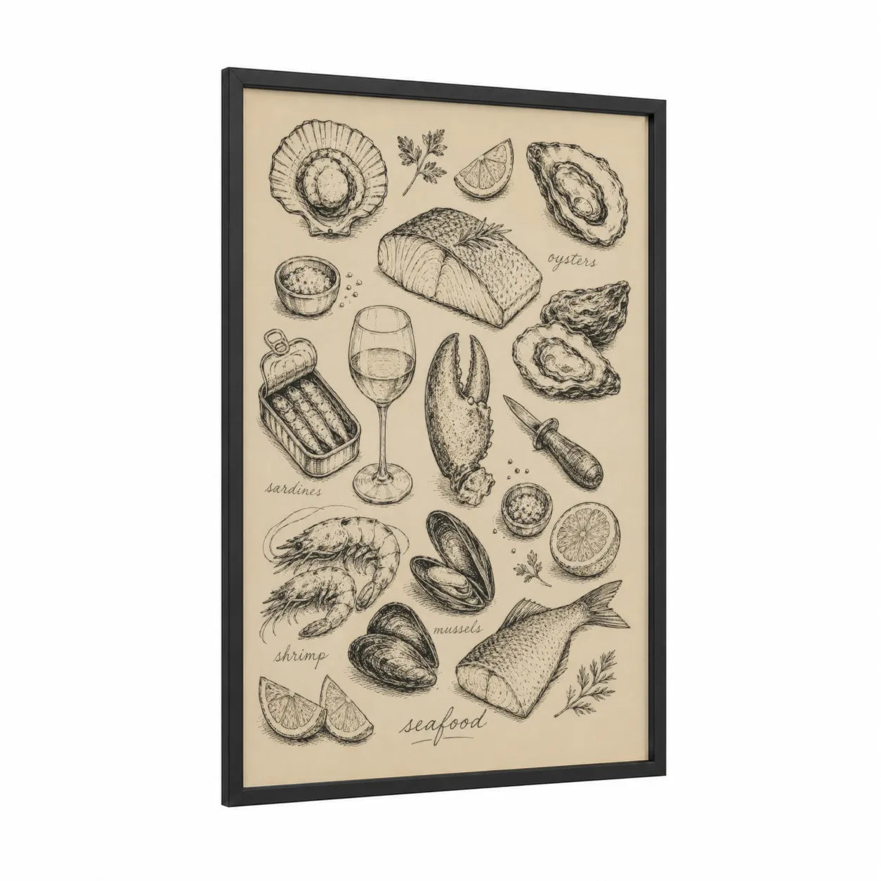 Vintage Seafood Illustration Wall Art framed art print — black wood frame — beige and black and white palette