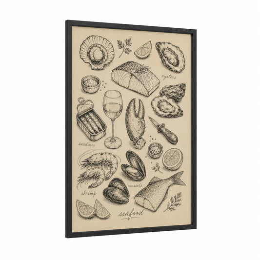 Vintage Seafood Illustration Wall Art framed art print — black wood frame — beige and black and white palette