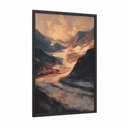Alpine Glacier Valley framed art print — black wood frame — gold and blue palette