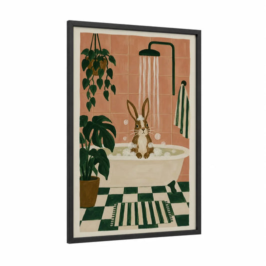 Bunny Bathtub Botanical Bathroom Wall Art framed rabbit print — black wood frame — peach and true green palette