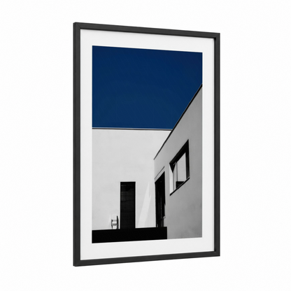 Minimal Architecture framed abstract architecture print — black wood frame — dark blue and black and white palette