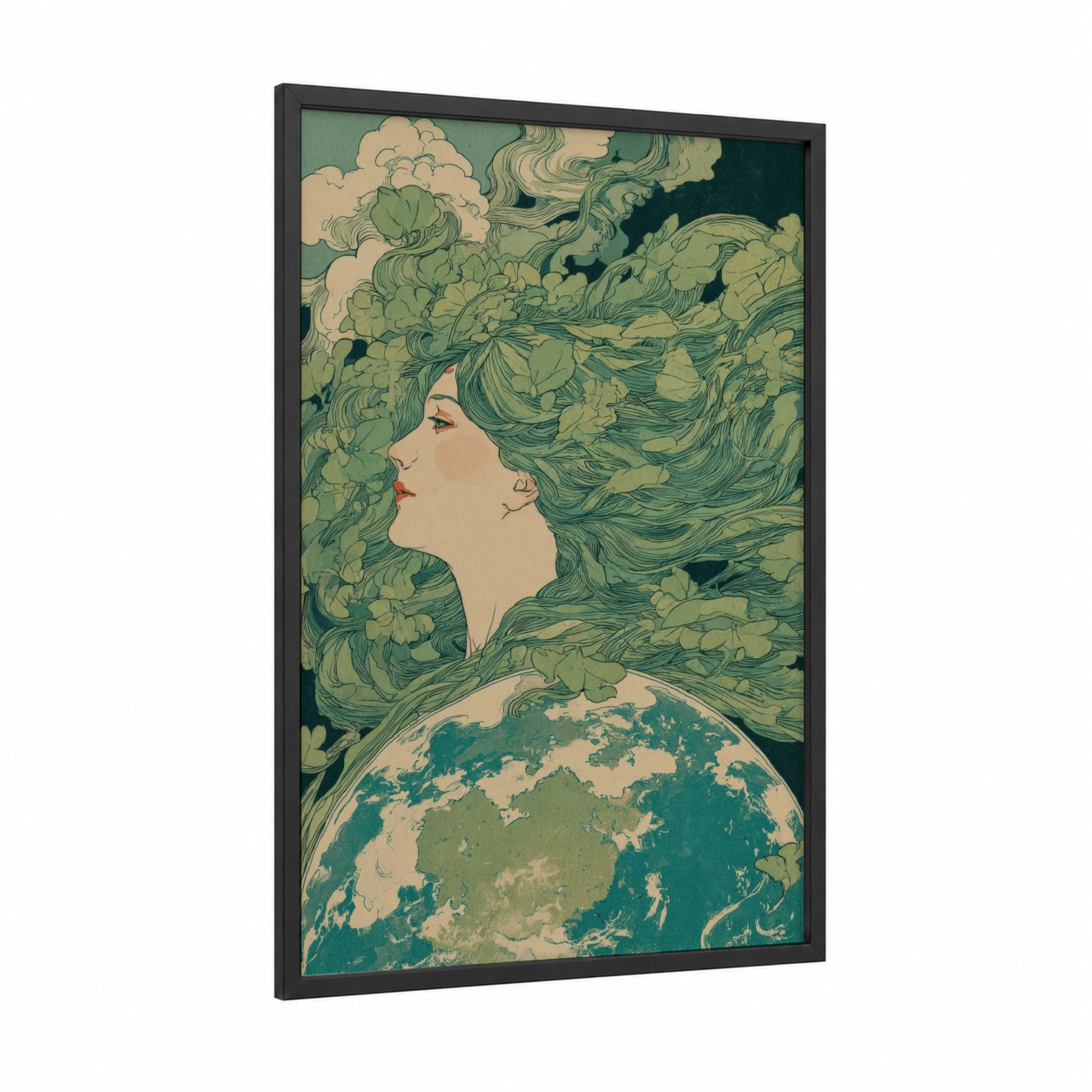 Earth Goddess framed earth day print — black wood frame — green and cream palette