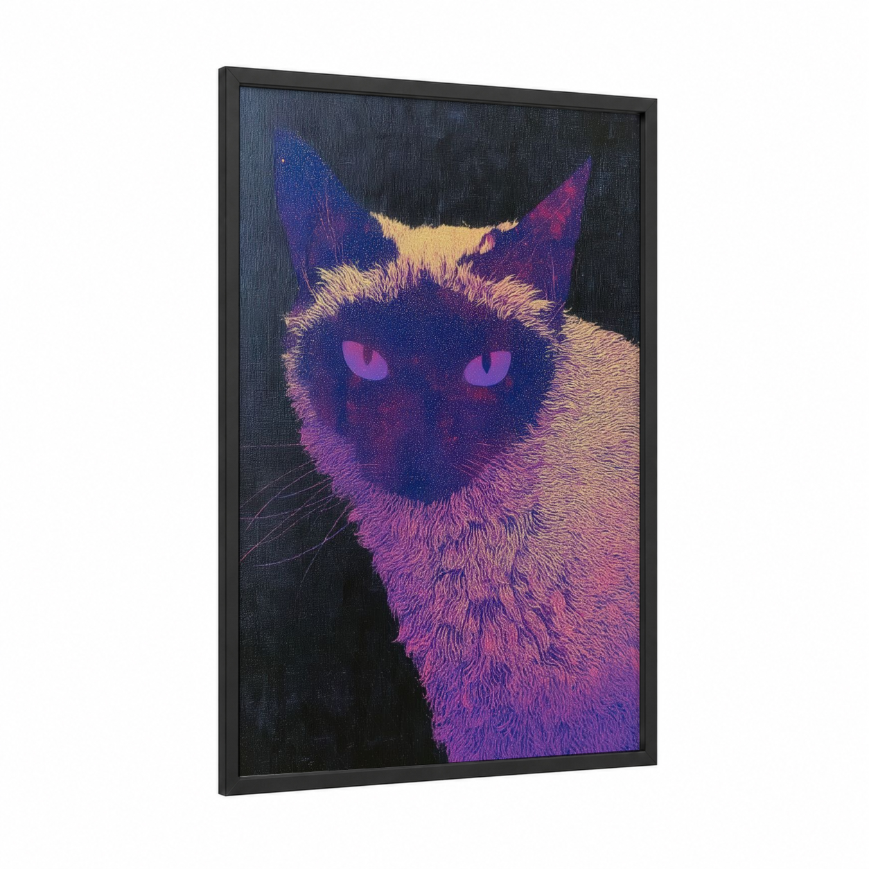 Neon Mystic Cat framed art print — black wood frame — magenta and blue palette