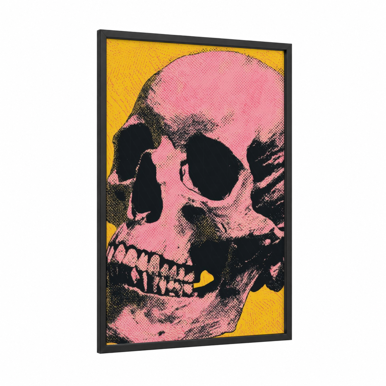 Pink Pop Skull framed art print — black wood frame — pink and yellow gold palette