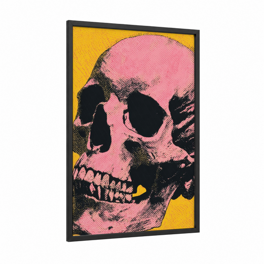 Pink Pop Skull framed art print — black wood frame — pink and yellow gold palette