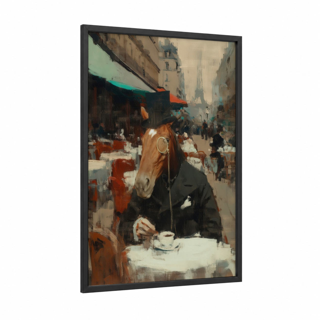 Parisian Horse framed quarter horse print — black wood frame — beige and teal palette