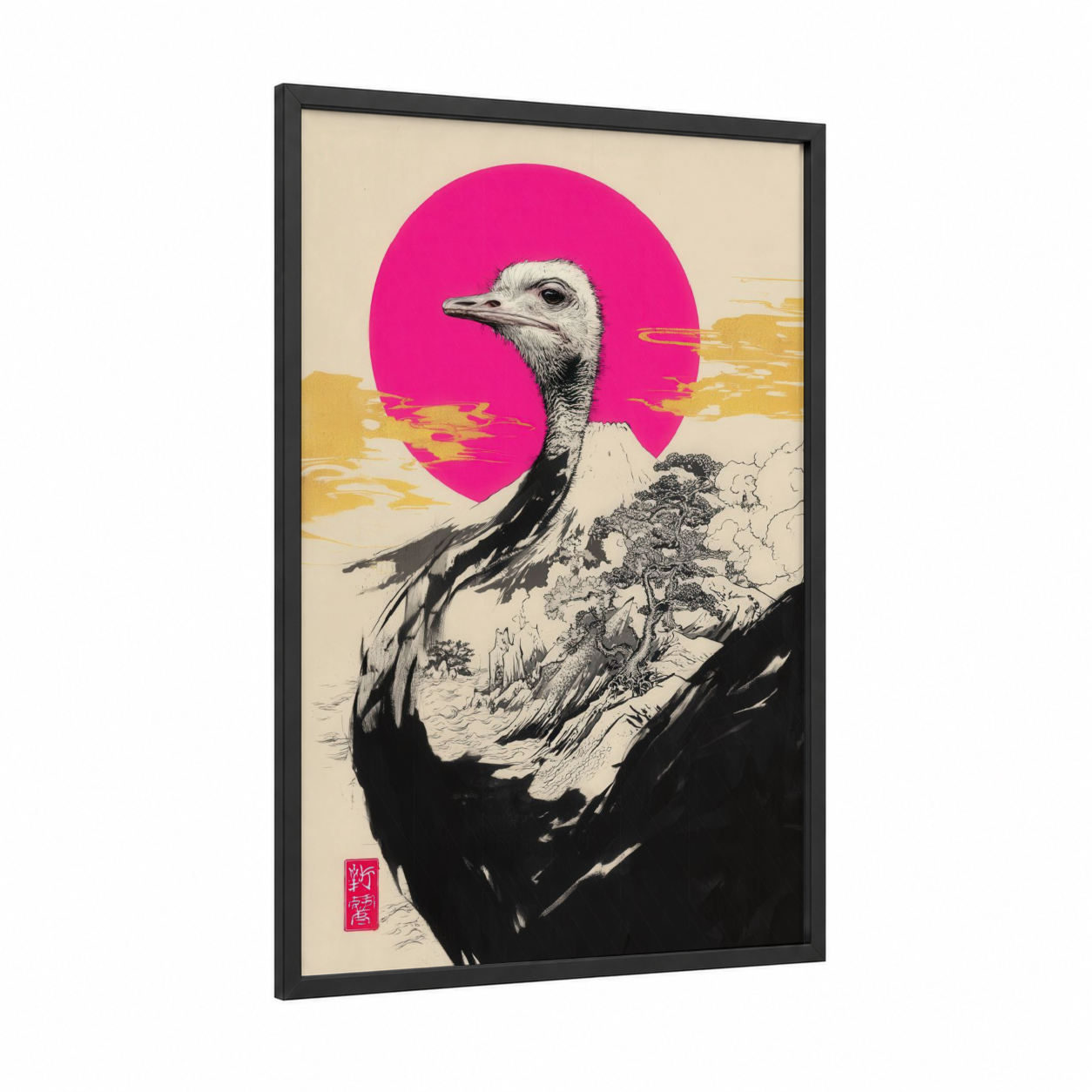 Magenta Ostrich framed art print — black wood frame — magenta and gold palette