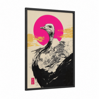 Magenta Ostrich framed art print — black wood frame — magenta and gold palette