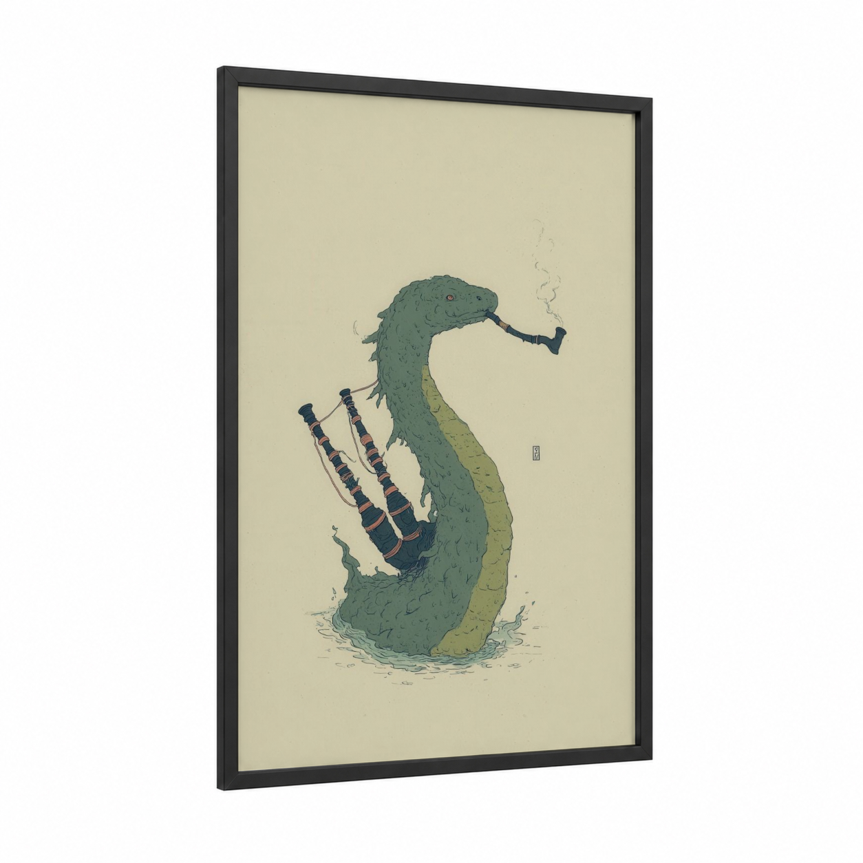 Smoking Nessie framed loch ness monster print — black wood frame — sage green and cream palette