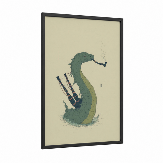 Smoking Nessie framed loch ness monster print — black wood frame — sage green and cream palette