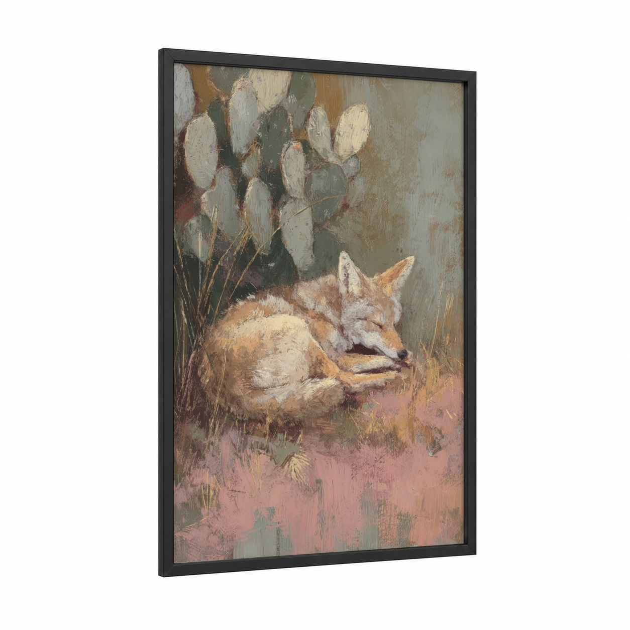 Desert Coyote framed art print — black wood frame — beige and sage green palette