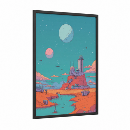 Retro Space Colony framed comic books print — black wood frame — teal and orange palette
