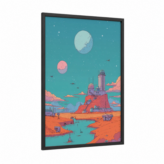 Retro Space Colony framed comic books print — black wood frame — teal and orange palette