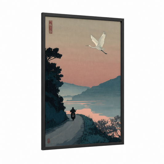 Twilight Scooter framed art print — black wood frame — peach and teal palette