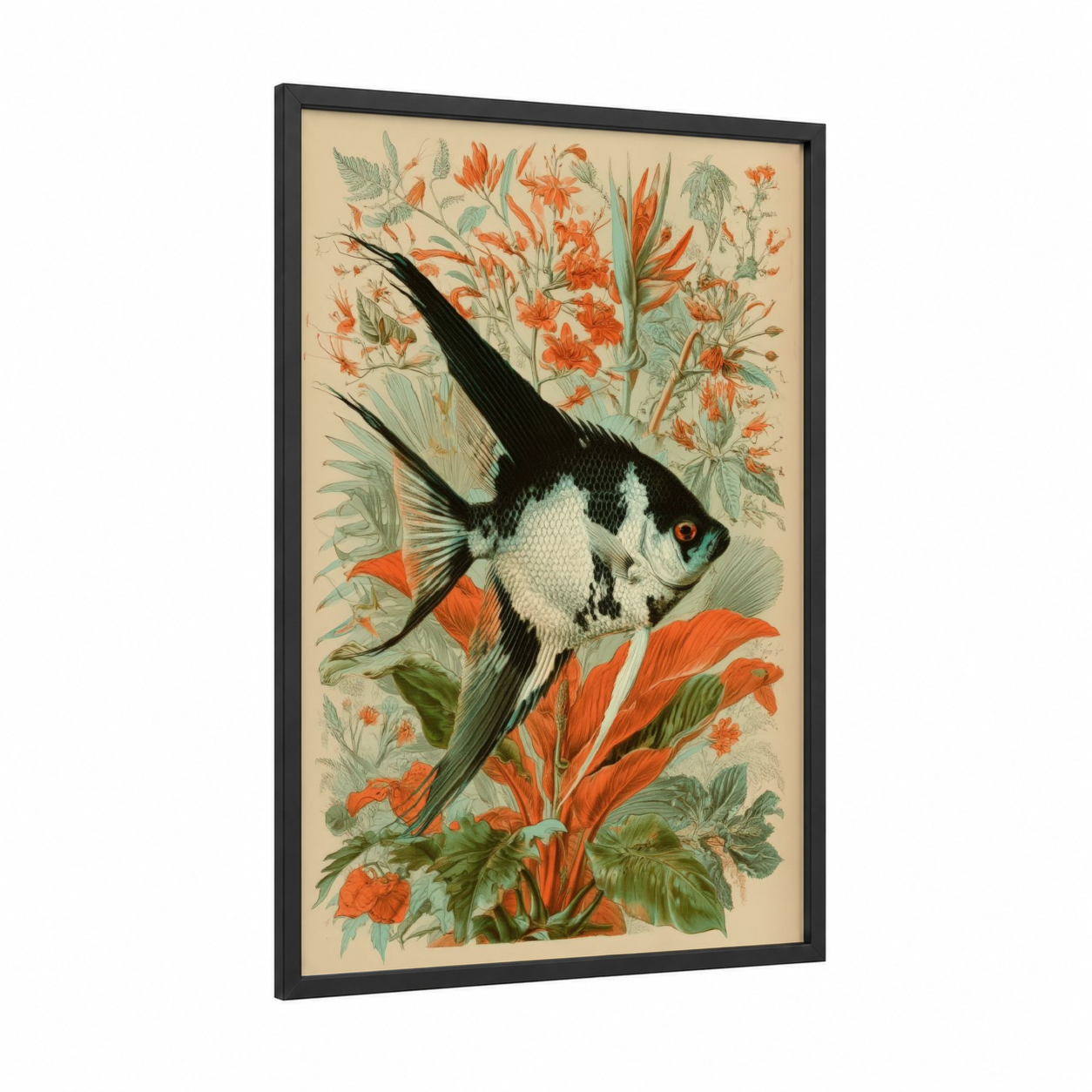 Ornamental Angel Fish framed art print — black wood frame — orange and sage green palette