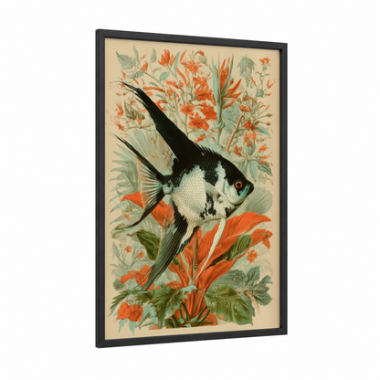 Ornamental Angel Fish framed art print — black wood frame — orange and sage green palette