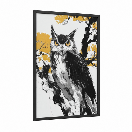 Golden-Eyed Owl framed art print — black wood frame — black and white and gold palette