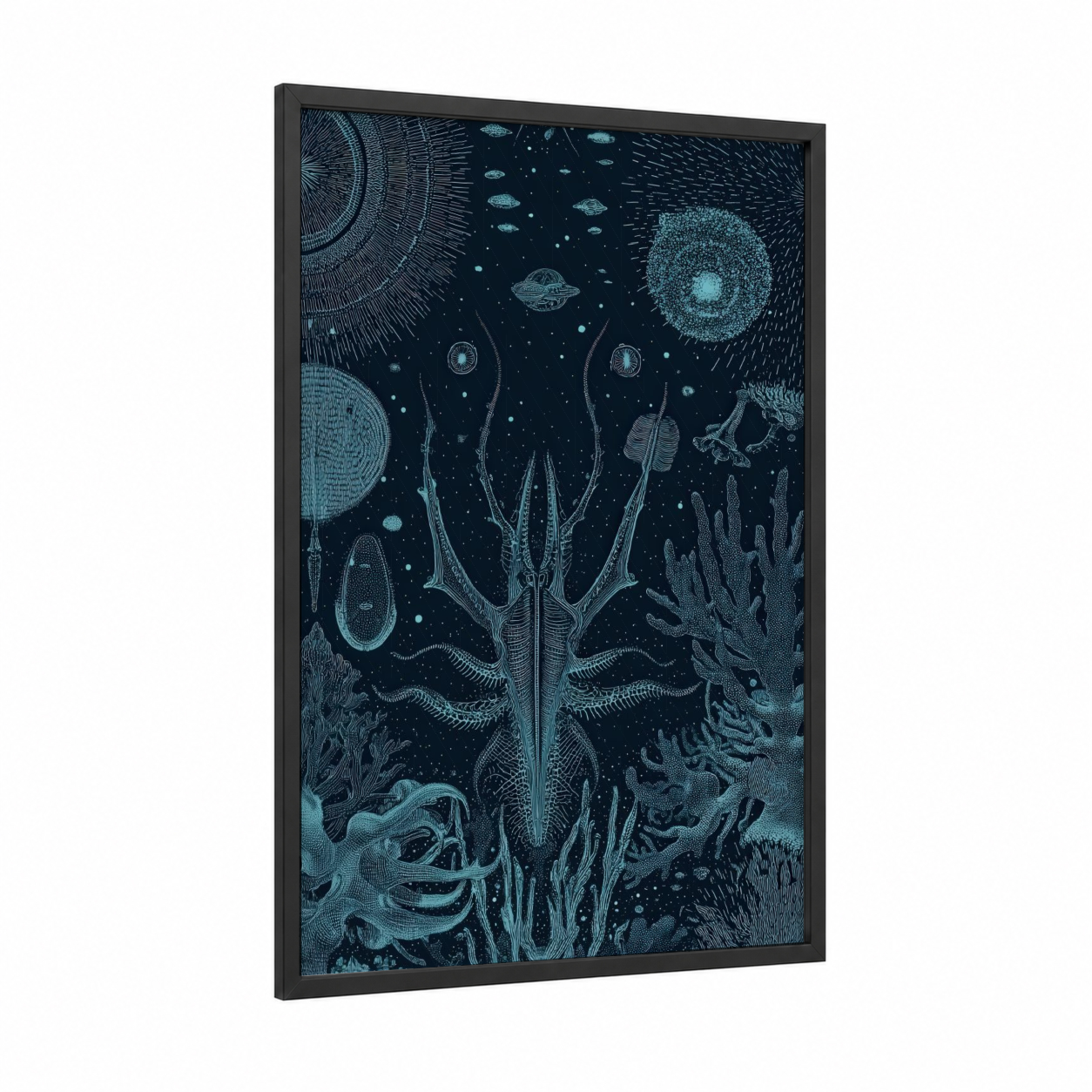 Cosmic Squid framed extraterrestrial print — black wood frame — blue and teal palette