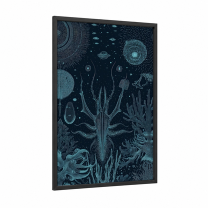 Cosmic Squid framed extraterrestrial print — black wood frame — blue and teal palette