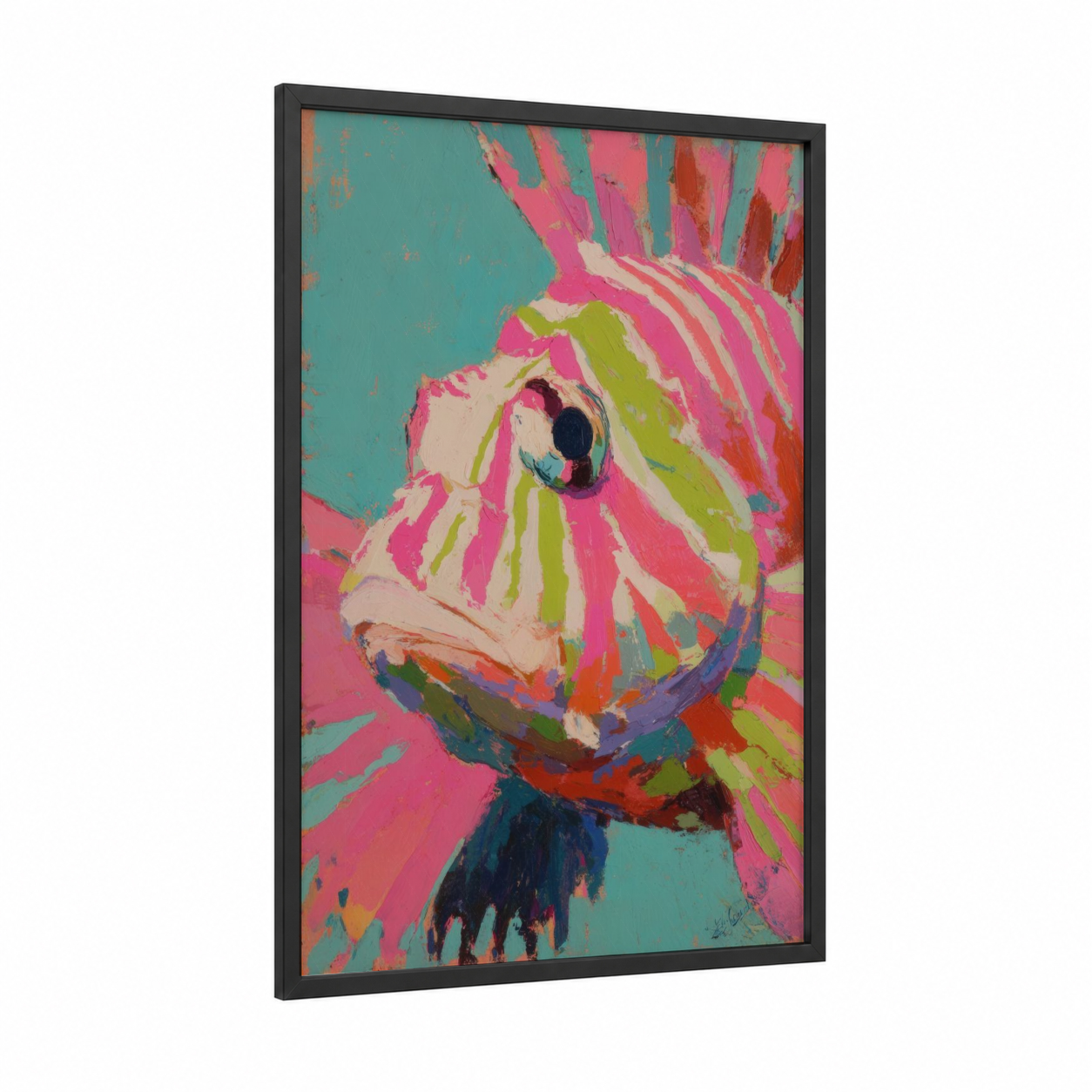 Vibrant Lionfish framed art print — black wood frame — magenta and teal palette