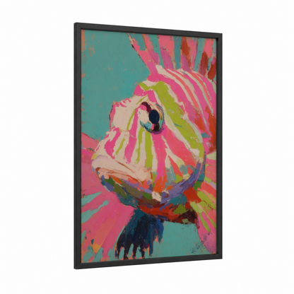 Vibrant Lionfish framed art print — black wood frame — magenta and teal palette