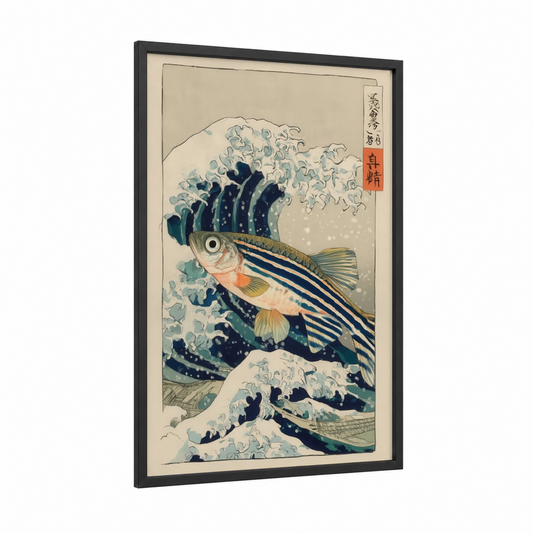 Striped Zebrafish framed art print — black wood frame — blue and white and cream palette