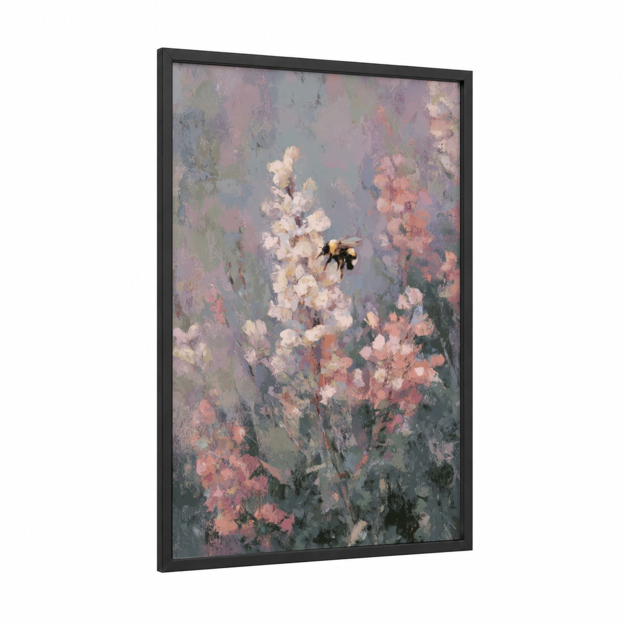 Pollinator Garden framed bee print — black wood frame — cream and gray and pink palette
