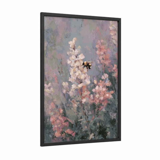 Pollinator Garden framed bee print — black wood frame — cream and gray and pink palette