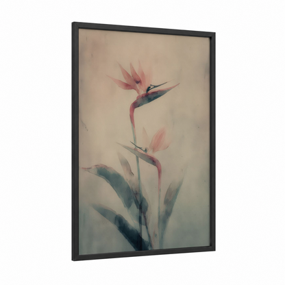 Graceful Bird Paradise framed birds of paradise print — black wood frame — sage green and salmon pink palette