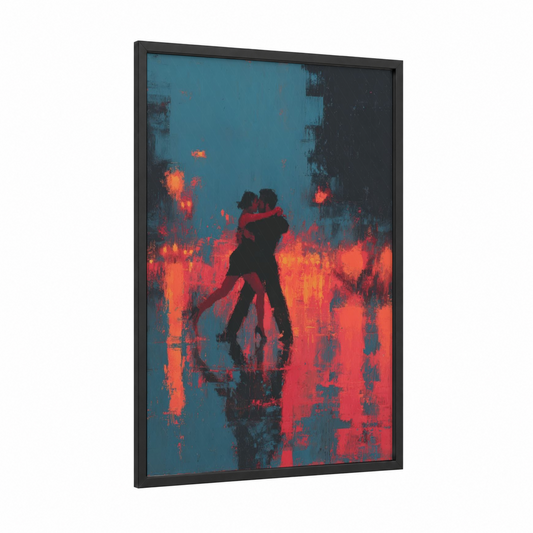 Passionate Salsa Embrace framed art print — black wood frame — dark blue and red palette