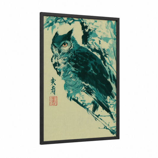Perched Owl framed art print — black wood frame — teal and cream palette