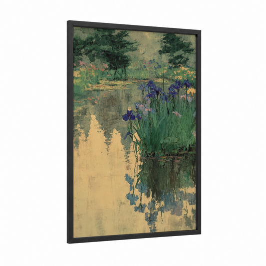 Iris Pond Garden framed art print — black wood frame — green and gold palette