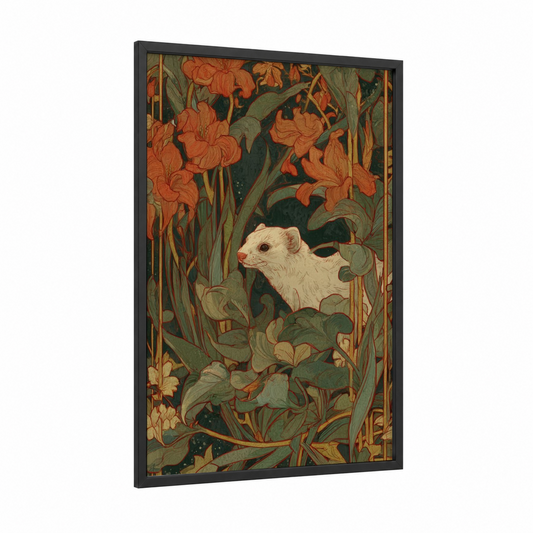 Garden Weasel framed art print — black wood frame — orange and green palette