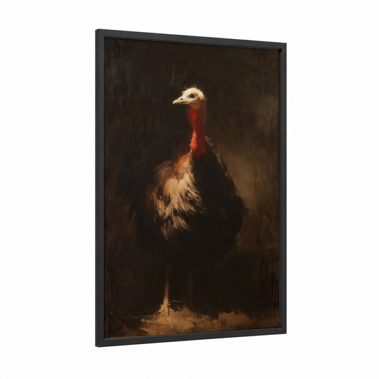 Crimson Turkey Portrait framed art print — black wood frame — espresso and russet palette