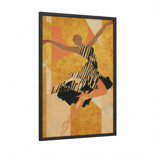Golden Ballet Leap framed art print — black wood frame — gold and orange palette