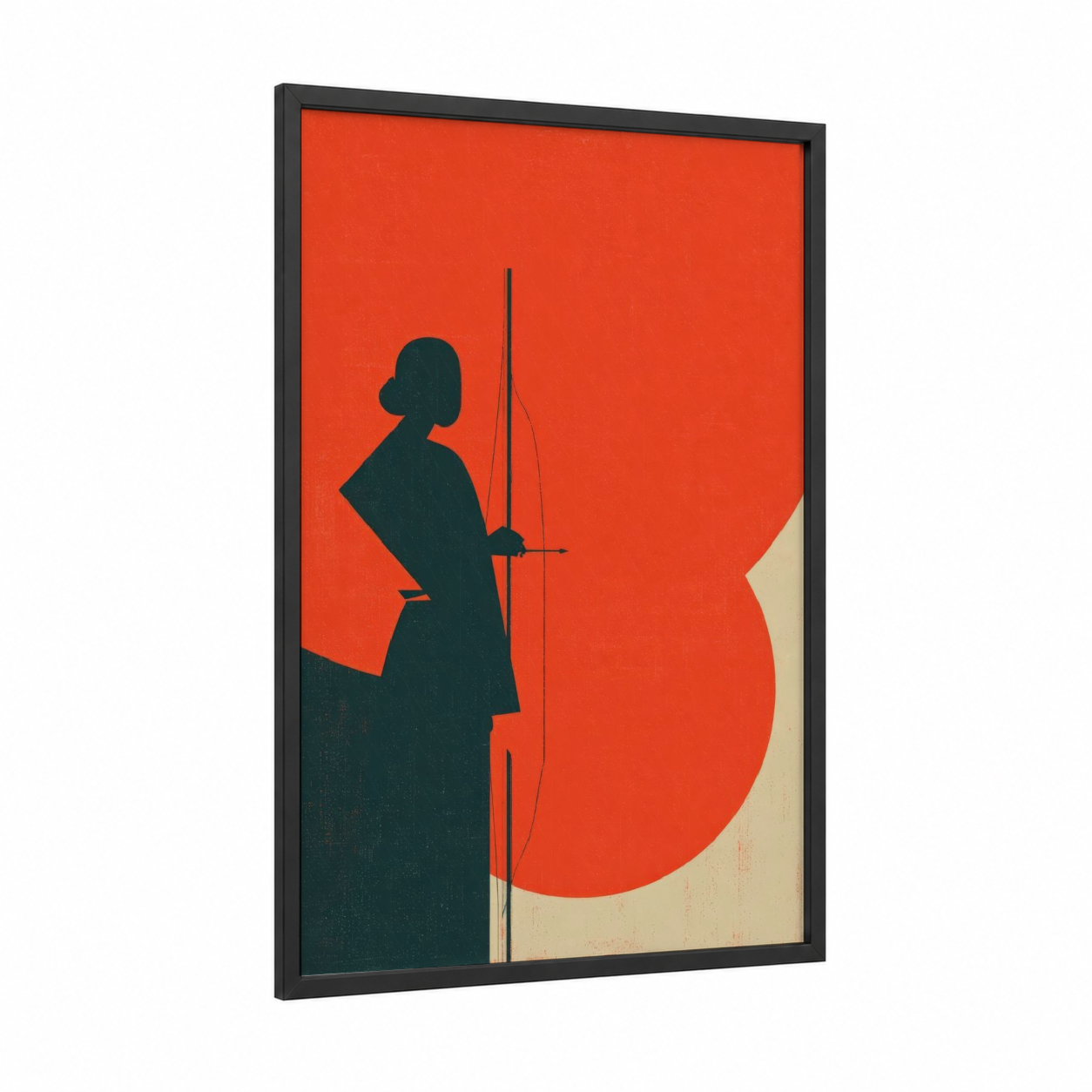 Archer at Sunrise framed archery print — black wood frame — orange and black palette
