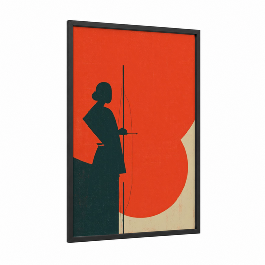 Archer at Sunrise framed archery print — black wood frame — orange and black palette