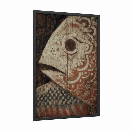 Vintage Tuna framed art print — black wood frame — russet and nobel palette