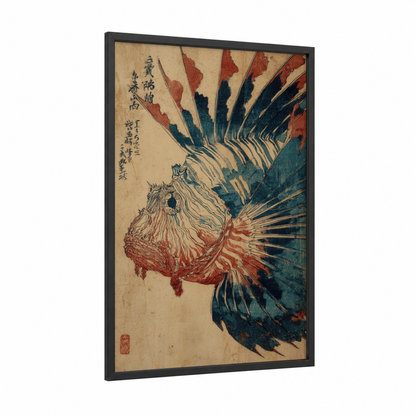 Crimson Lionfish framed art print — black wood frame — maroon and dark blue palette