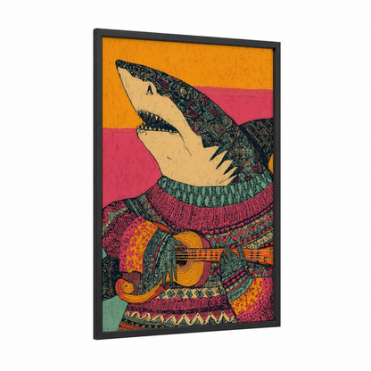 Musical Shark framed sand tiger shark print — black wood frame — orange and magenta palette