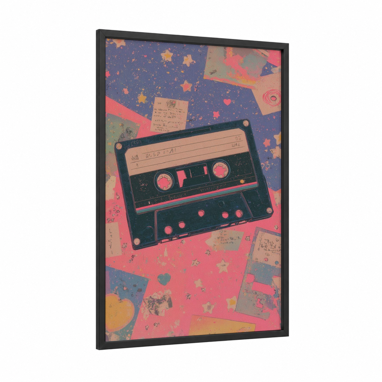 Nostalgic Cassette Mix framed casette print — black wood frame — pink and blue palette