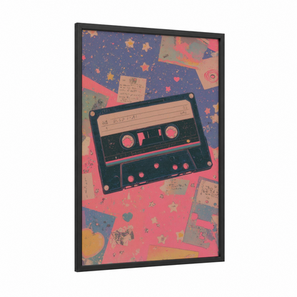 Nostalgic Cassette Mix framed casette print — black wood frame — pink and blue palette